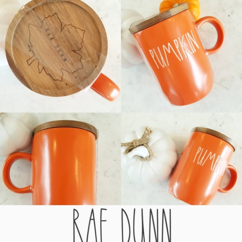 Rae Dunn Orange Pumpkin Fall Holiday Mug Coffee Cup Wood Lid with Leaf NWT - Picture 1 of 9